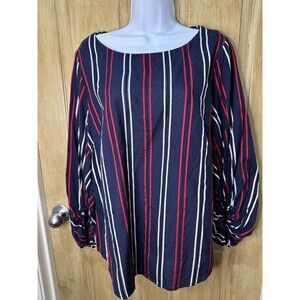 Cabi Top Womens Large Flag Blouse Balloon Navy Blue Cotton Striped Relaxed